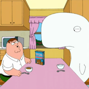 Peter Griffin sitting at the dinner table with Moby Dick