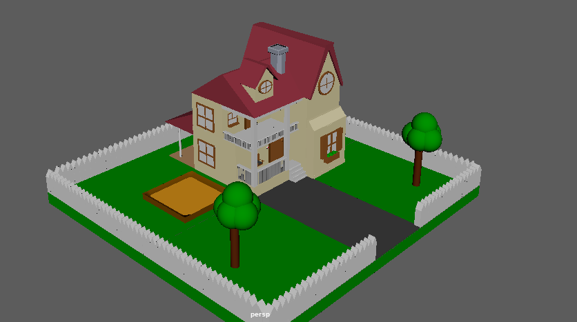 a house which is cream and red and was constructed in Maya, it has fences, grass and trees too.