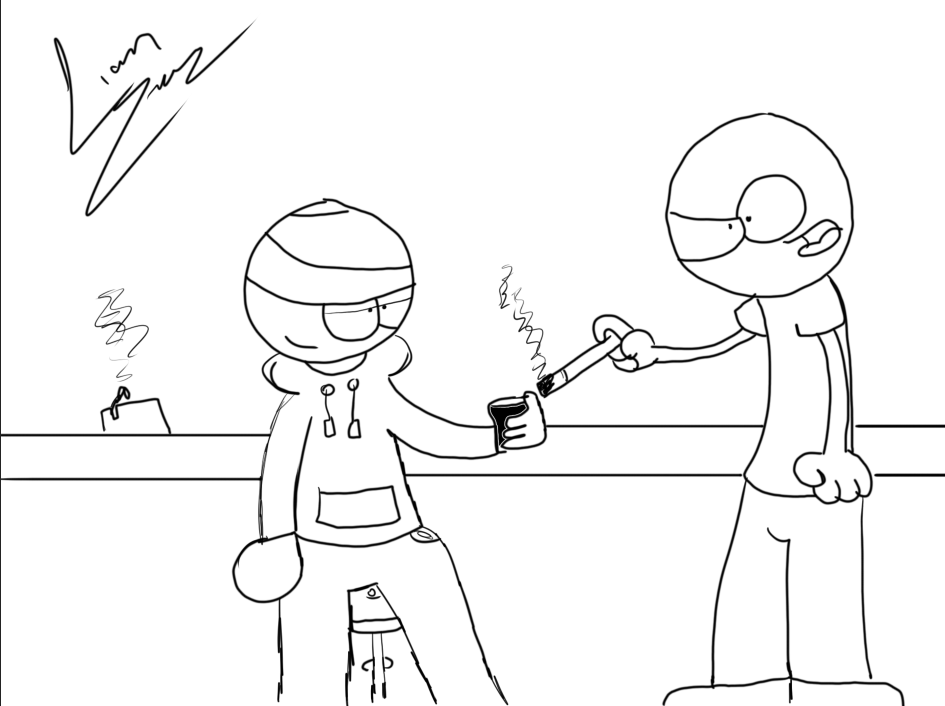 Doodle I did of two characters in my art style, drinking and smoking